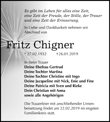 Traueranzeige von Fritz Chigner von Mitteldeutsche Zeitung
