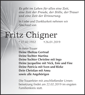 Traueranzeige von Fritz Chigner von WVG - Wochenspiegel Bitterfeld