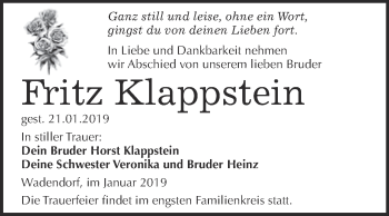 Traueranzeige von Fritz Klappstein von WVG - Wochenspiegel Bitterfeld