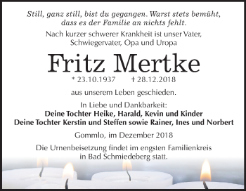 Traueranzeige von Fritz Mertke von Mitteldeutsche Zeitung Wittenberg