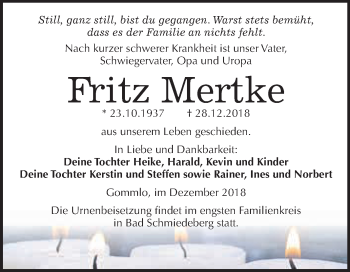 Traueranzeige von Fritz Mertke von WVG - Wochenspiegel Wittenberg