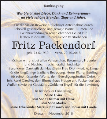 Traueranzeige von Fritz Packendorf von WVG - Wochenspiegel Dessau / Köthen