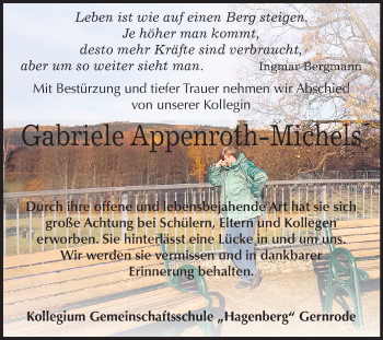 Traueranzeige von Gabriele Appenroth-Michels von Mitteldeutsche Zeitung Quedlinburg
