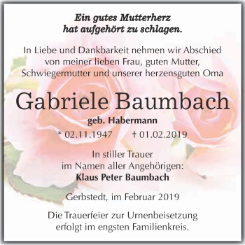 Traueranzeige von Gabriele Baumbach von Wochenspiegel Mansfelder Land