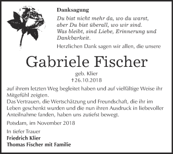 Traueranzeige von Gabriele Fischer von Super Sonntag Wittenberg