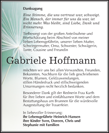 Traueranzeige von Gabriele Hoffmann von Mitteldeutsche Zeitung Aschersleben