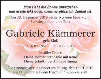 Traueranzeige von Gabriele Kämmerer von Mitteldeutsche Zeitung Merseburg/Querfurt
