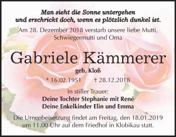 Traueranzeige von Gabriele Kämmerer von WVG - Wochenspiegel Merseburg