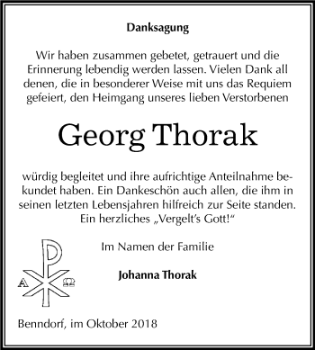 Traueranzeige von Georg Thorak von Wochenspiegel Mansfelder Land