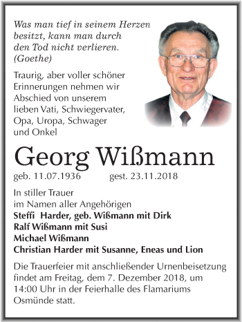 Traueranzeige von Georg Wißmann von Mitteldeutsche Zeitung Halle/Saalkreis