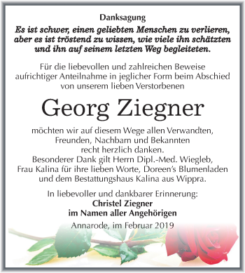Traueranzeige von Georg Ziegner von Mitteldeutsche Zeitung Mansfelder Land