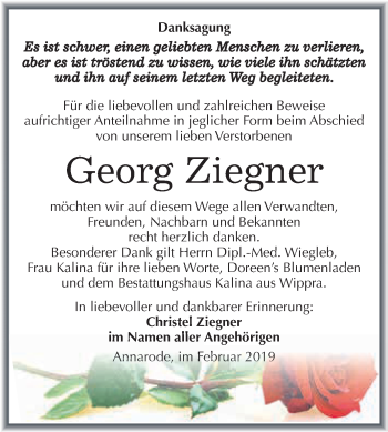 Traueranzeige von Georg Ziegner von Super Sonntag SGH Mansf. Land