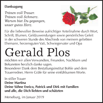 Traueranzeige von Gerald Plos von WVG - Wochenspiegel Merseburg