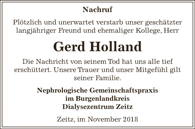  Traueranzeige für Gerd Holland vom 21.11.2018 aus Super Sonntag Zeitz