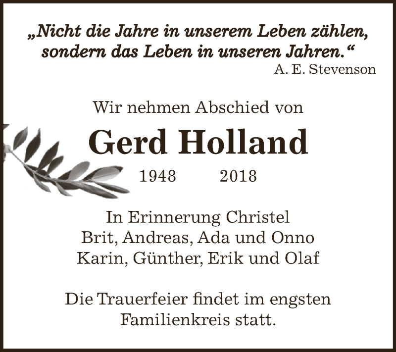  Traueranzeige für Gerd Holland vom 17.11.2018 aus WVG - Wochenspiegel NMB / WSF / ZTZ