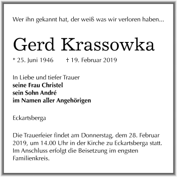 Traueranzeige von Gerd Krassowka von Mitteldeutsche Zeitung