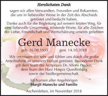 Traueranzeige von Gerd Manecke von Mitteldeutsche Zeitung Aschersleben