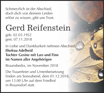 Traueranzeige von Gerd Reifenstein von WVG - Wochenspiegel Merseburg