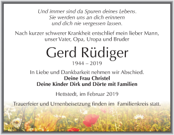 Traueranzeige von Gerd Rüdiger von Mitteldeutsche Zeitung Mansfelder Land