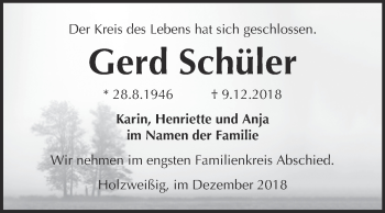 Traueranzeige von Gerd Schüler von WVG - Wochenspiegel Bitterfeld