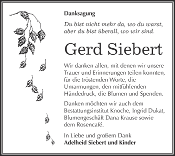 Traueranzeige von Gerd Siebert von Super Sonntag Aschersleben