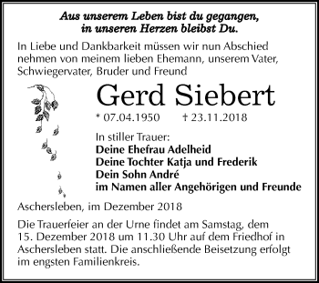 Traueranzeige von Gerd Siebert von Mitteldeutsche Zeitung Aschersleben