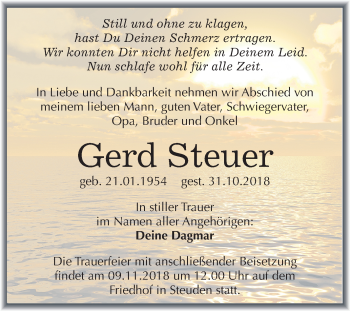 Traueranzeige von Gerd Steuer von Mitteldeutsche Zeitung Halle/Saalkreis