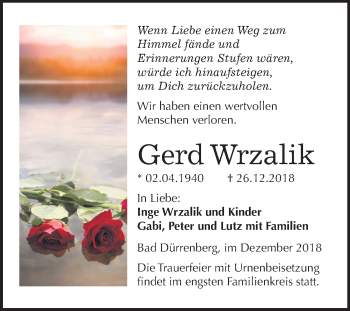 Traueranzeige von Gerd Wrzalik von Mitteldeutsche Zeitung Merseburg/Querfurt
