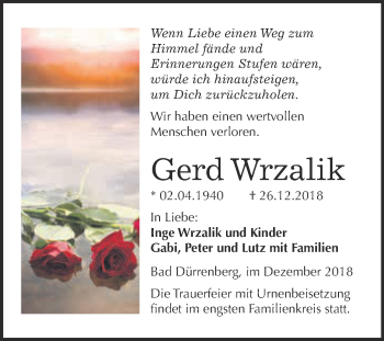 Traueranzeige von Gerd Wrzalik von Super Sonntag Merseburg