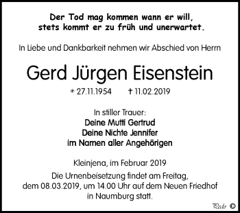 Traueranzeige von Gerd Jürgen Eisenstein von WVG - Wochenspiegel NMB / WSF / ZTZ