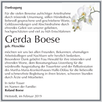 Traueranzeige von Gerda Boese von Super Sonntag SGH Mansf. Land