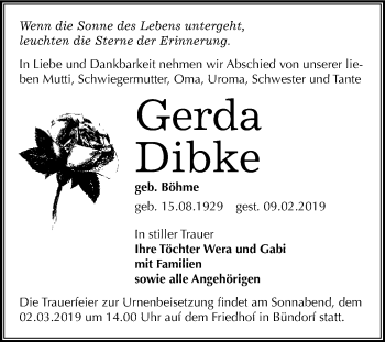 Traueranzeige von Gerda Dibke von WVG - Wochenspiegel Merseburg