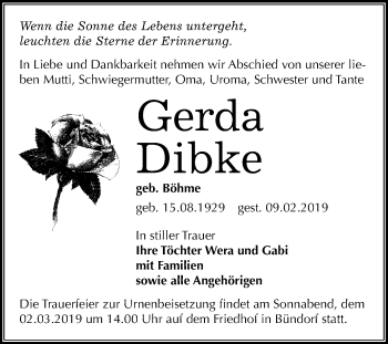 Traueranzeige von Gerda Dibke von Mitteldeutsche Zeitung