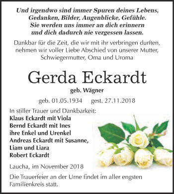 Traueranzeige von Gerda Eckardt von WVG - Wochenspiegel NMB / WSF / ZTZ
