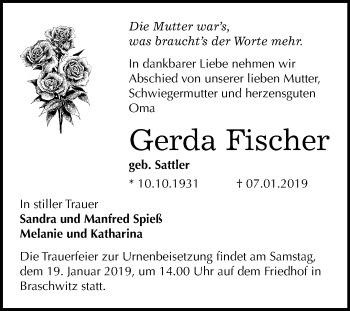 Traueranzeige von Gerda Fischer von Mitteldeutsche Zeitung Halle/Saalkreis
