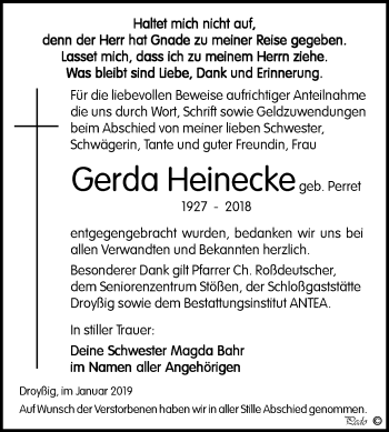 Traueranzeige von Gerda Heinecke von Super Sonntag Zeitz
