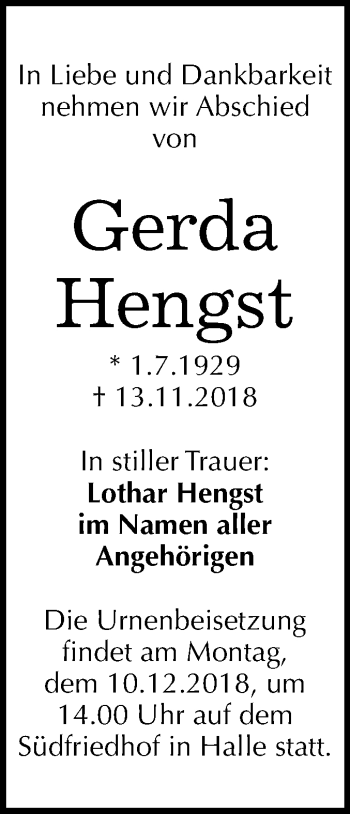 Traueranzeige von Gerda Hengst von Mitteldeutsche Zeitung Halle/Saalkreis
