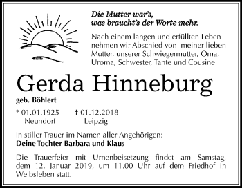 Traueranzeige von Gerda Hinneburg von Mitteldeutsche Zeitung Aschersleben