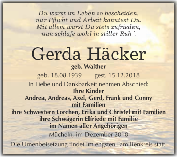 Traueranzeige von Gerda Häcker von WVG - Wochenspiegel Merseburg