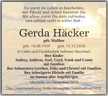 Traueranzeige von Gerda Häcker von Mitteldeutsche Zeitung Merseburg/Querfurt