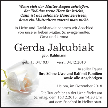 Traueranzeige von Gerda Jakubiak von Mitteldeutsche Zeitung Aschersleben