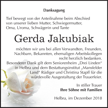 Traueranzeige von Gerda Jakubiak von Mitteldeutsche Zeitung Aschersleben