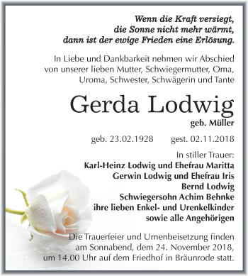 Traueranzeige von Gerda Lodwig von Mitteldeutsche Zeitung Mansfelder Land