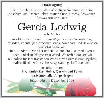 Traueranzeige von Gerda Lodwig von Mitteldeutsche Zeitung Aschersleben