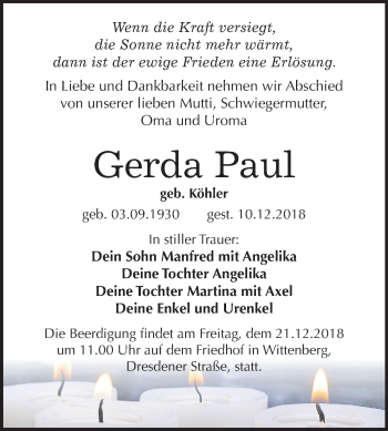 Traueranzeige von Gerda Paul von Mitteldeutsche Zeitung Wittenberg