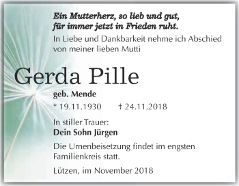 Traueranzeige von Gerda Pille von Super Sonntag Merseburg