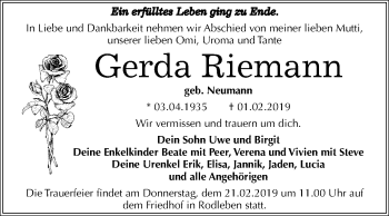 Traueranzeige von Gerda Riemann von Mitteldeutsche Zeitung Dessau-Roßlau