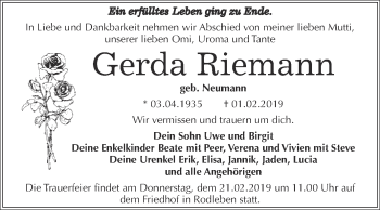 Traueranzeige von Gerda Riemann von WVG - Wochenspiegel Dessau / Köthen
