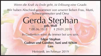 Traueranzeige von Gerda Stephan von Wochenspiegel Mansfelder Land