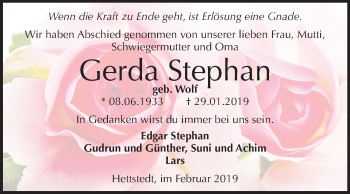 Traueranzeige von Gerda Stephan von Mitteldeutsche Zeitung Aschersleben